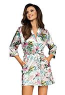 Lounge robe, satin, 3/4 length sleeves, tropical pattern